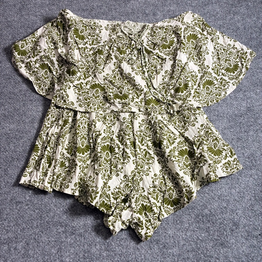 Cupshe Romper Womens S Green White Floral Off Shoulder Ruffle NEW